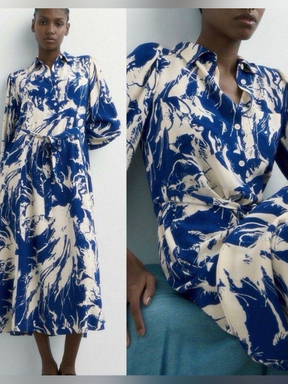 Zara Blue and Cream Abstract Midi Shirt Dress with Pockets size M